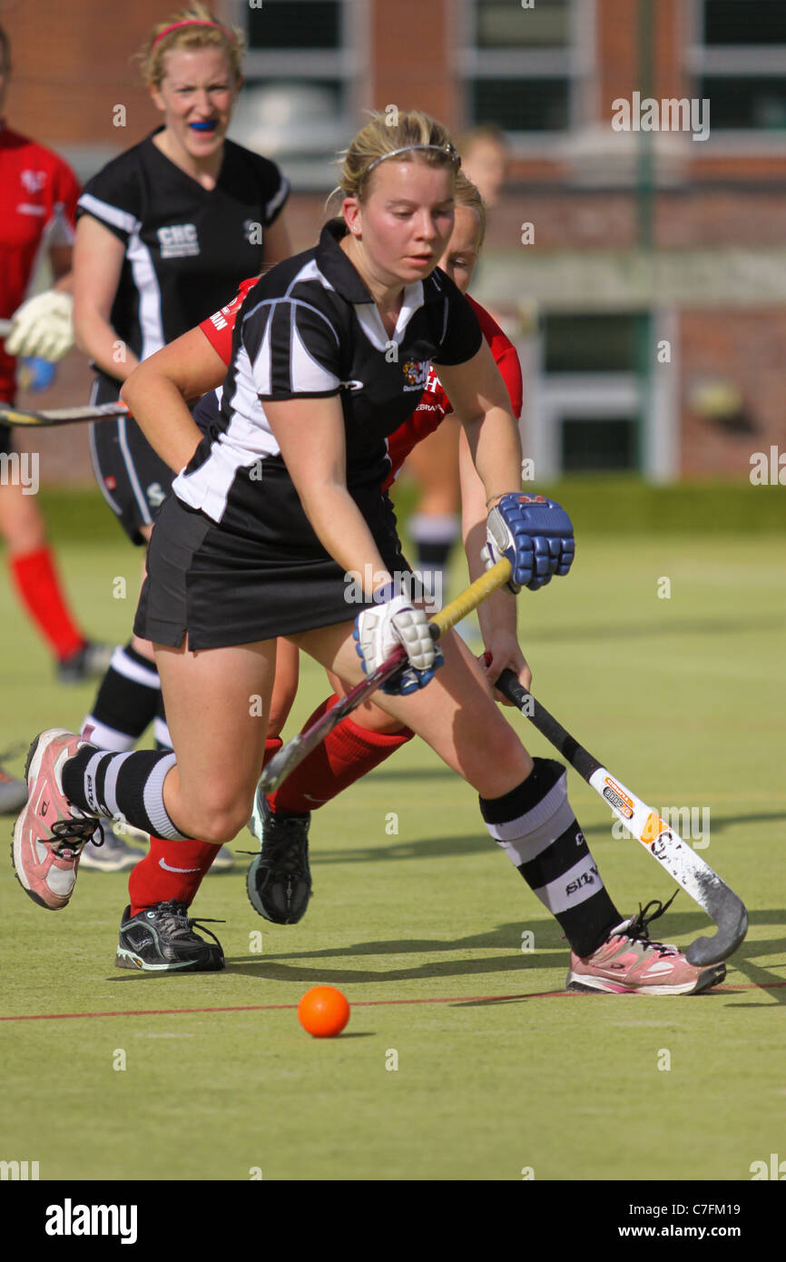 Das weibliche Hockeyspieler in Aktion auf einer Astro-Turf-pitch Stockfoto
