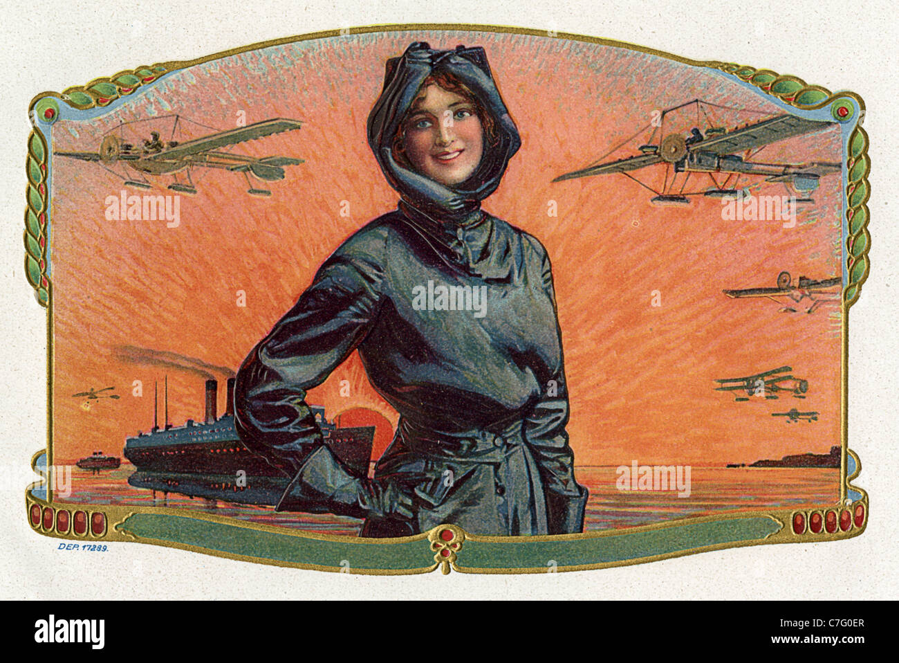 Ausgestattet mit ca. 1910er Jahre antike Zigarre Label weibliche pilot Harriet Quimby. Stockfoto