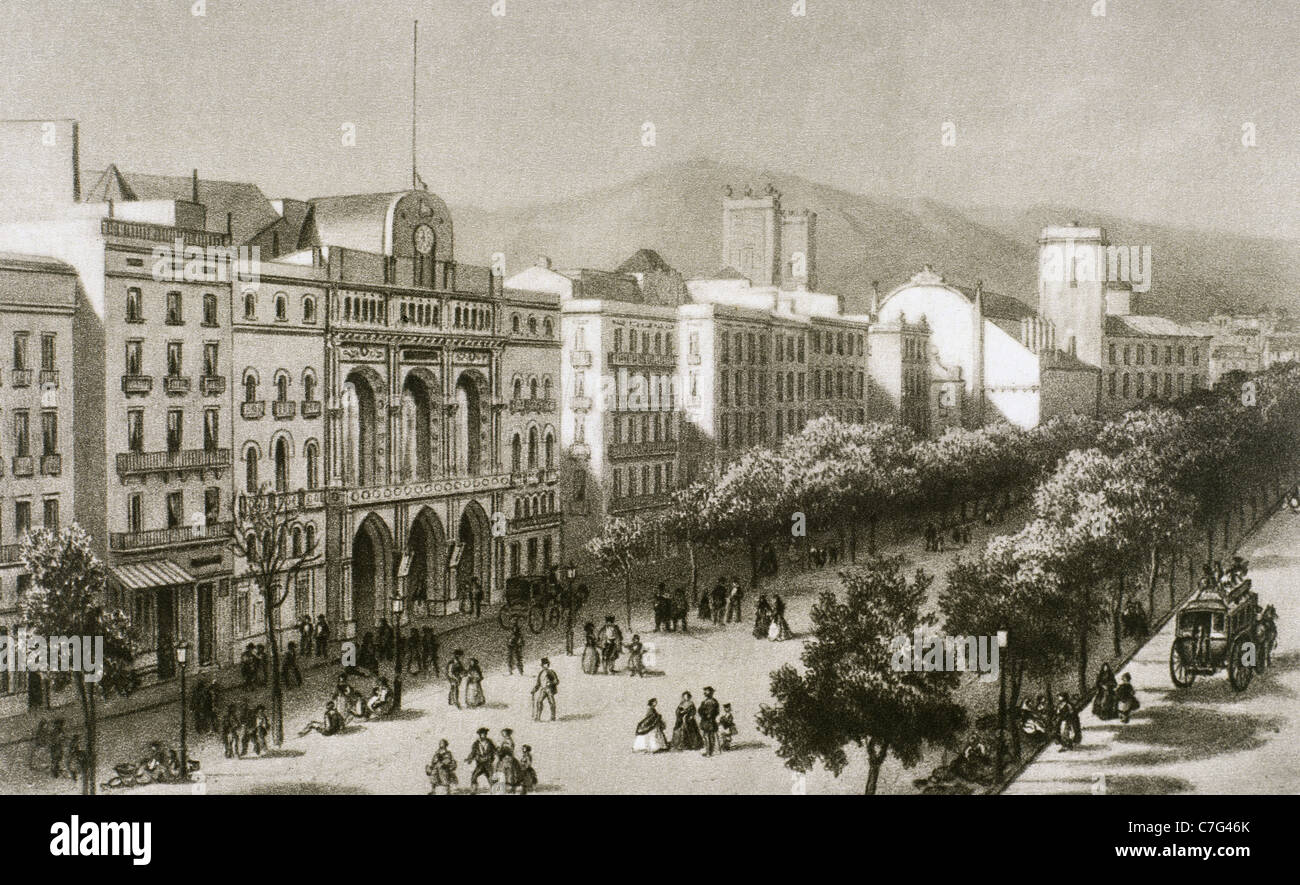 Spanien. Katalonien. Barcelona. Las Ramblas und dem Opernhaus Liceu vor seinem Feuer im Jahre 1861. Gravur. Stockfoto