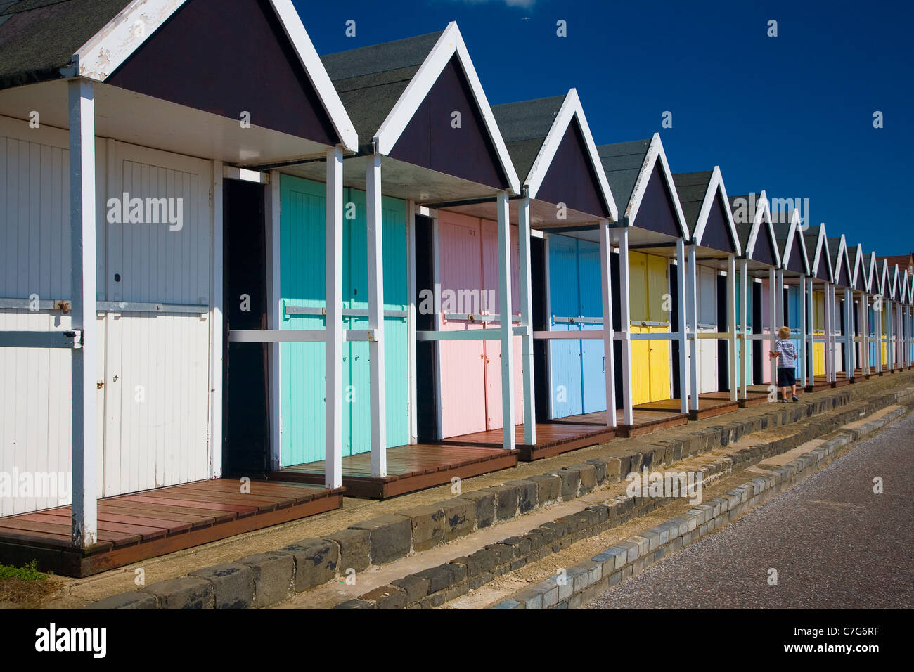 Strandhütten in Bridlington, Yorkshire Stockfoto