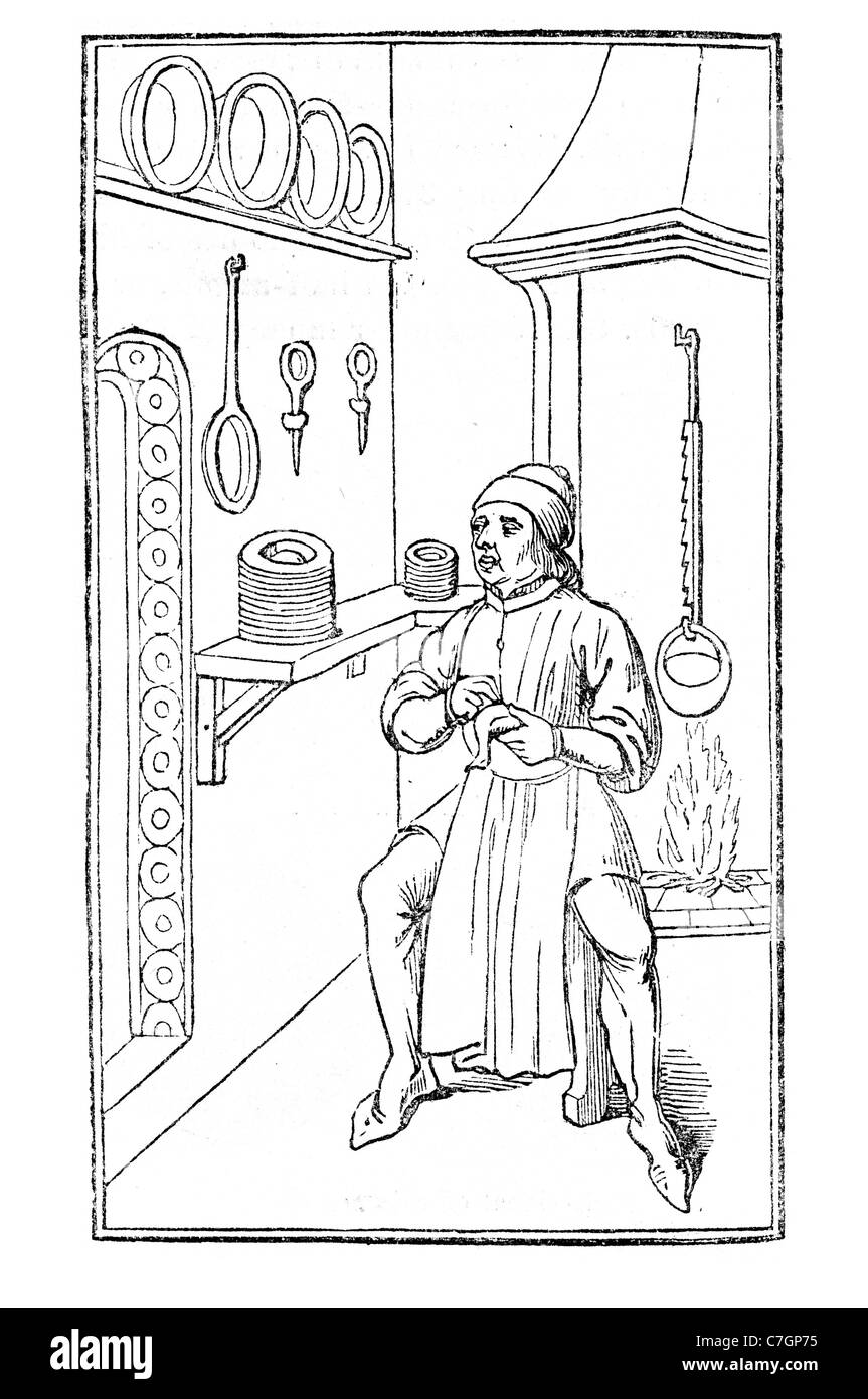 Küche fünfzehnten Jahrhundert 15. mittelalterliche Langhäuser Kamin Kamin Schornstein Koch Cookingpot Wasserkocher Teller Messer Gabel antike Stockfoto