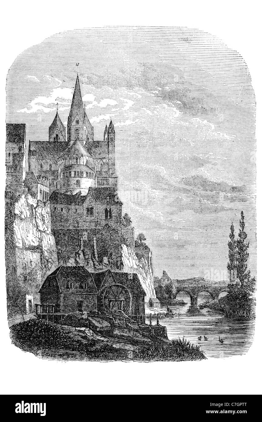 Limbourg mittelalterliche Stadt Wallonien Belgien Kirche Brücke Mühlrad Turm alte Gemeinde Bilstain Goé Festung Europa Fluss Stockfoto