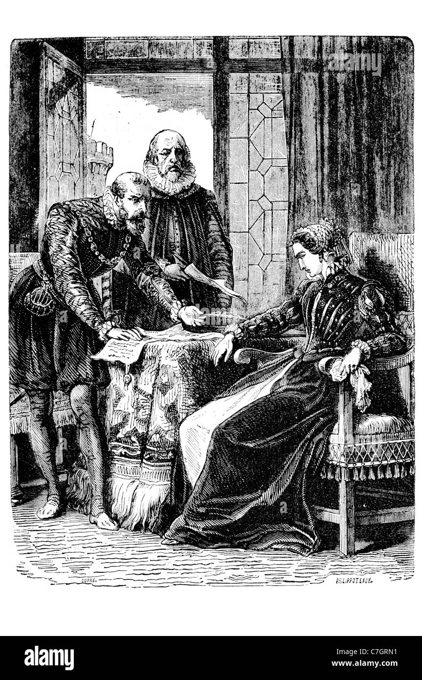 Mary Queen Unterzeichnung ihren Rücktritt abdanken Loch Leven Castle of Scots Stuart Schottlands Königin Regnant Gemahlin König königlich Royal Stockfoto