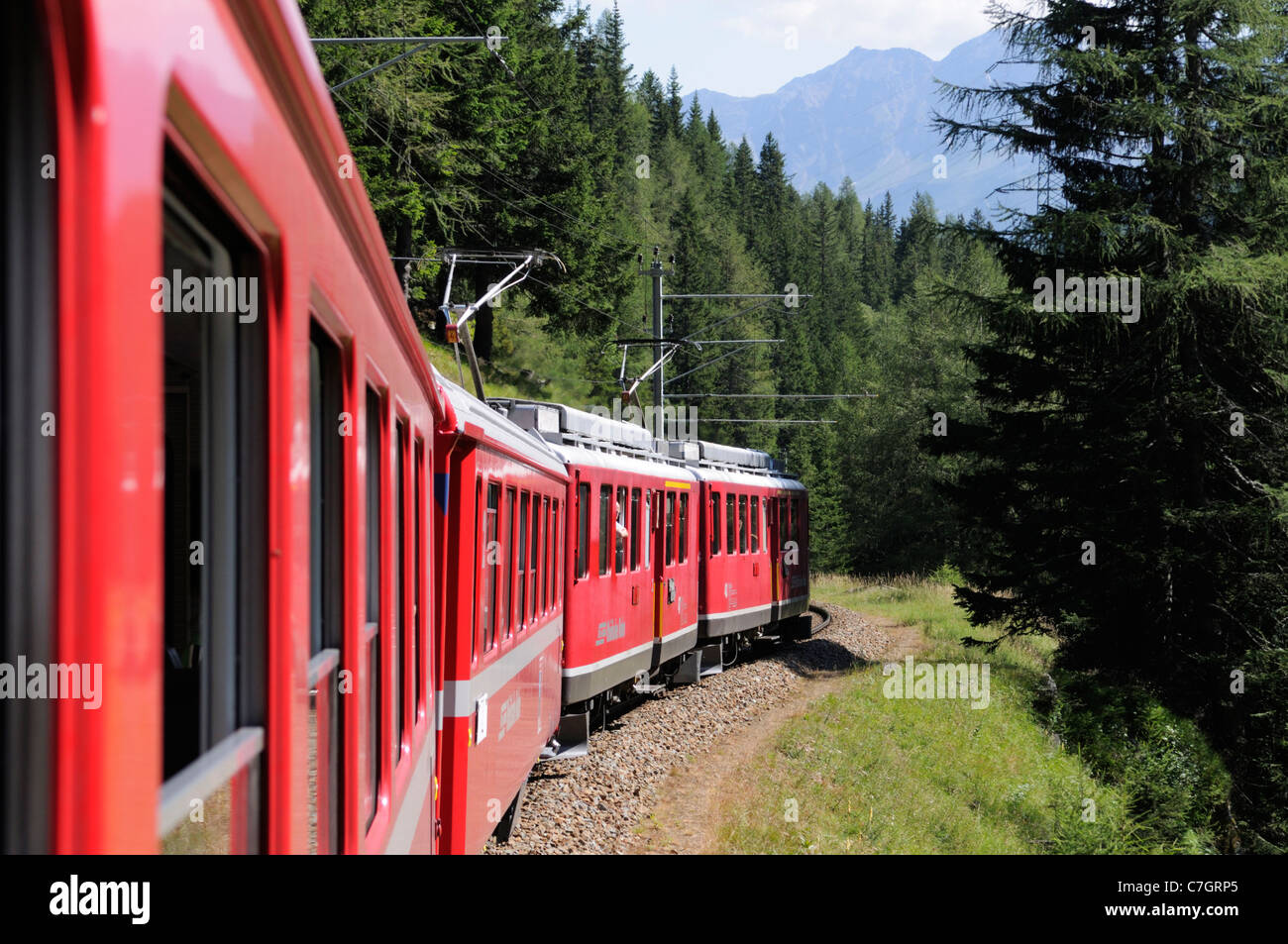 Zugfahrt mit der Rhätische Bahn auf der Berninalinie von Ospizio Bernina nach Poschiavo. Schweiz. Stockfoto