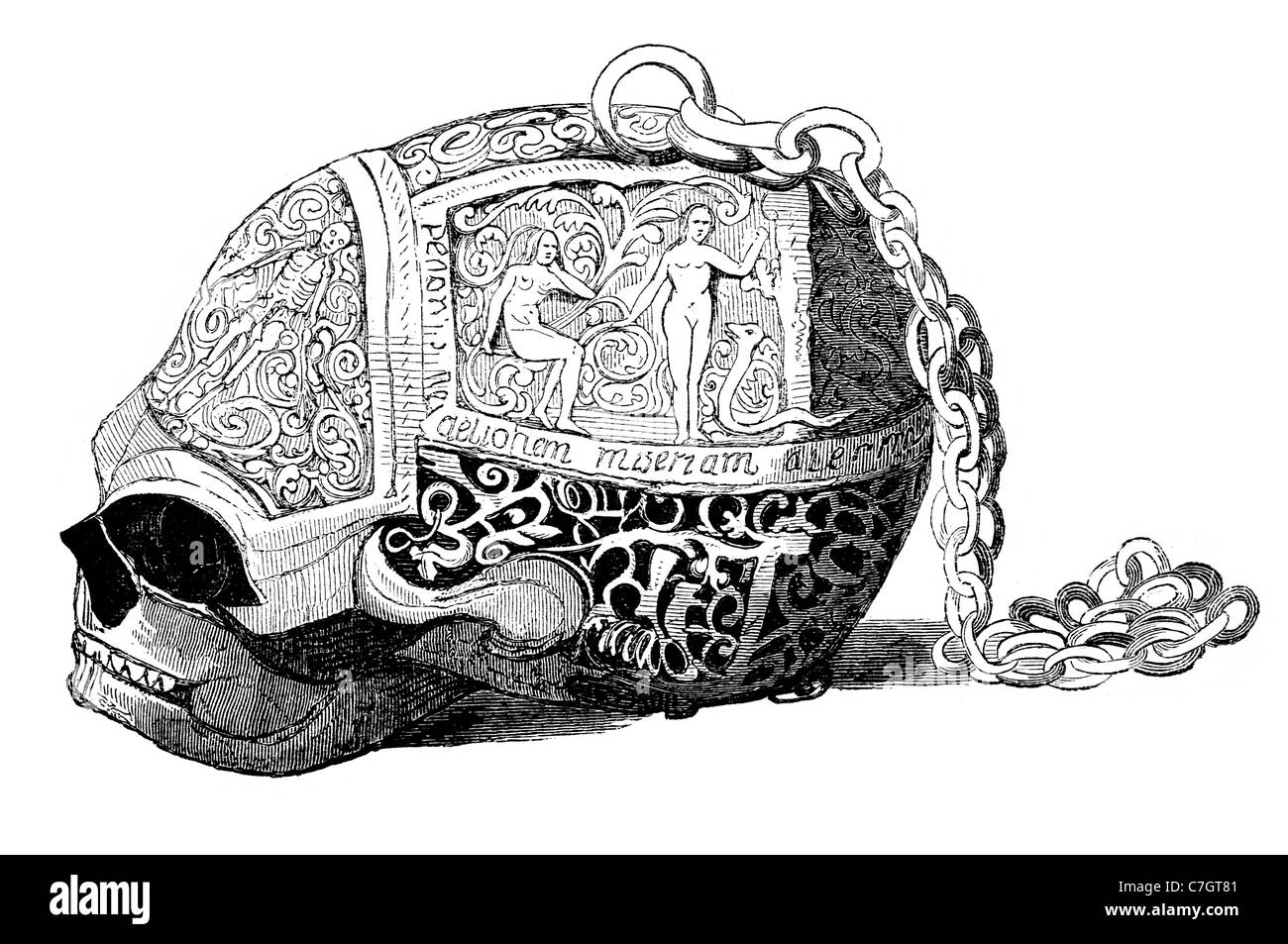 Memento Mori Uhr Maria Königin Scots lateinische Phrase denken Sie daran Ihre Sterblichkeit sterben muss sterben künstlerische Arbeit Antike Uhr Stockfoto