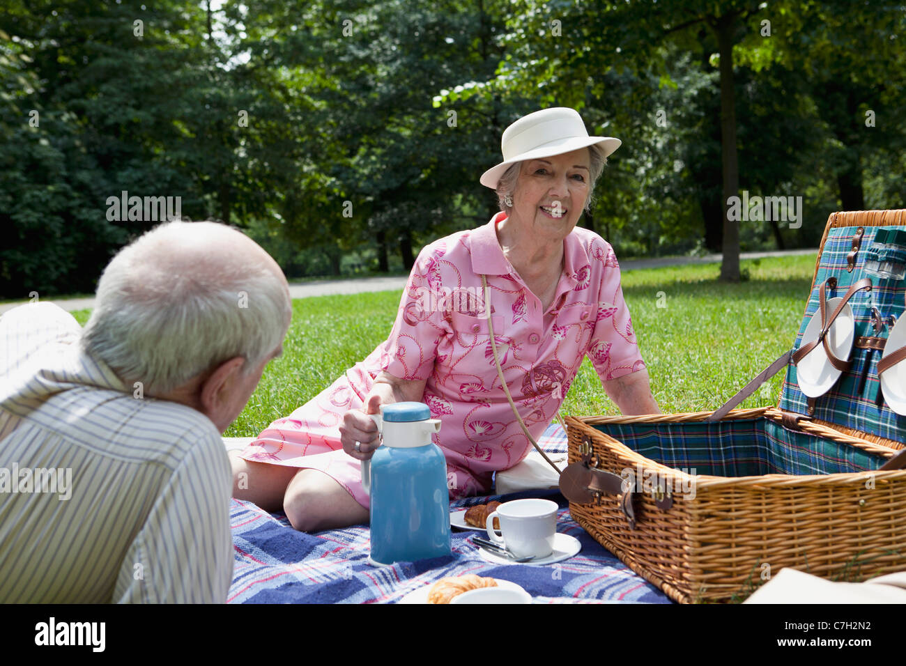 Älteres Paar mit entspannenden Picknick im park Stockfoto