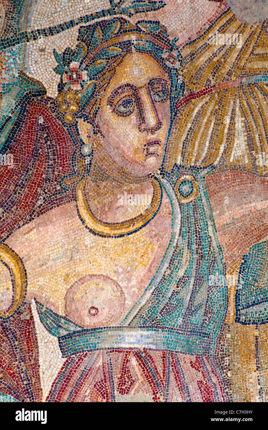 Mosaik in dem Triclinium, Esszimmer, Villa Romana del Casale, Piazza Armerina, Sizilien, Italien Stockfoto