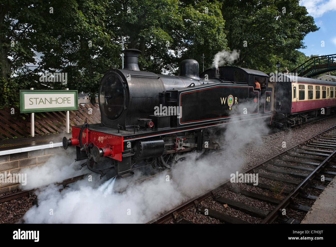 Stanhope Bahnhof, Dampfzug auf der Weardale Eisenbahn. Stockfoto