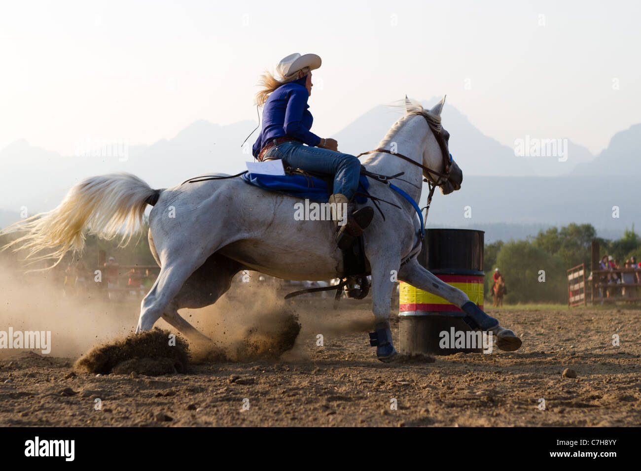 Cowgirl auf Reiten in das Ladies Barrel Racing Event, Stockfoto