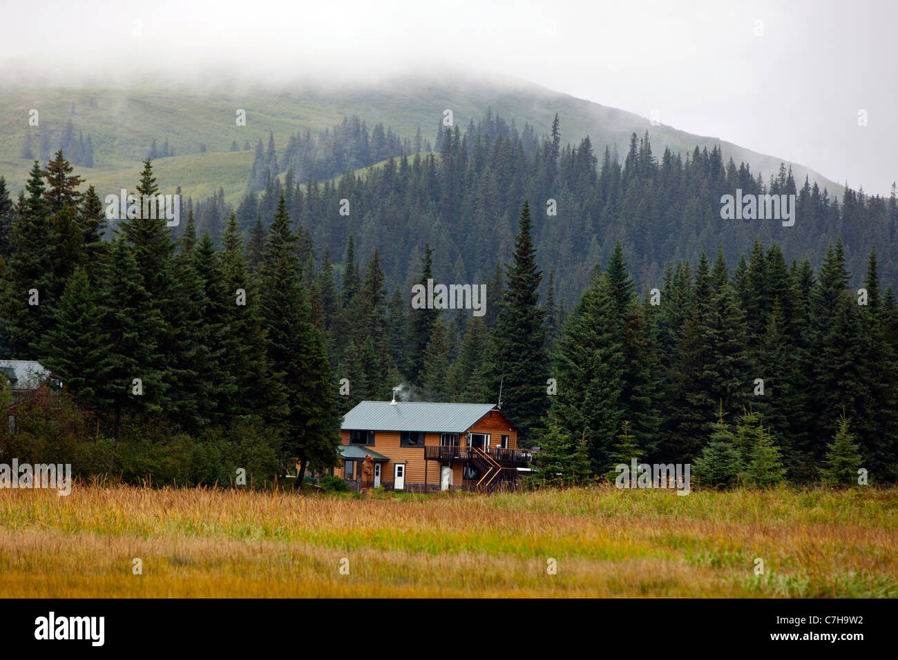 Silver Salmon Creek Lodge mit Bergen im Hintergrund, Lake-Clark-Nationalpark, Alaska, Vereinigte Staaten von Amerika Stockfoto