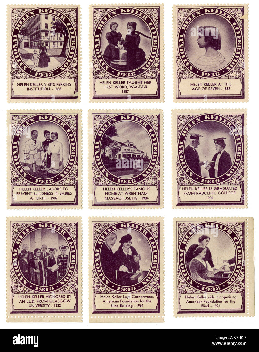 1938 Helen Keller Nationalfeiertag "Aschenputtel" Briefmarken. Stockfoto
