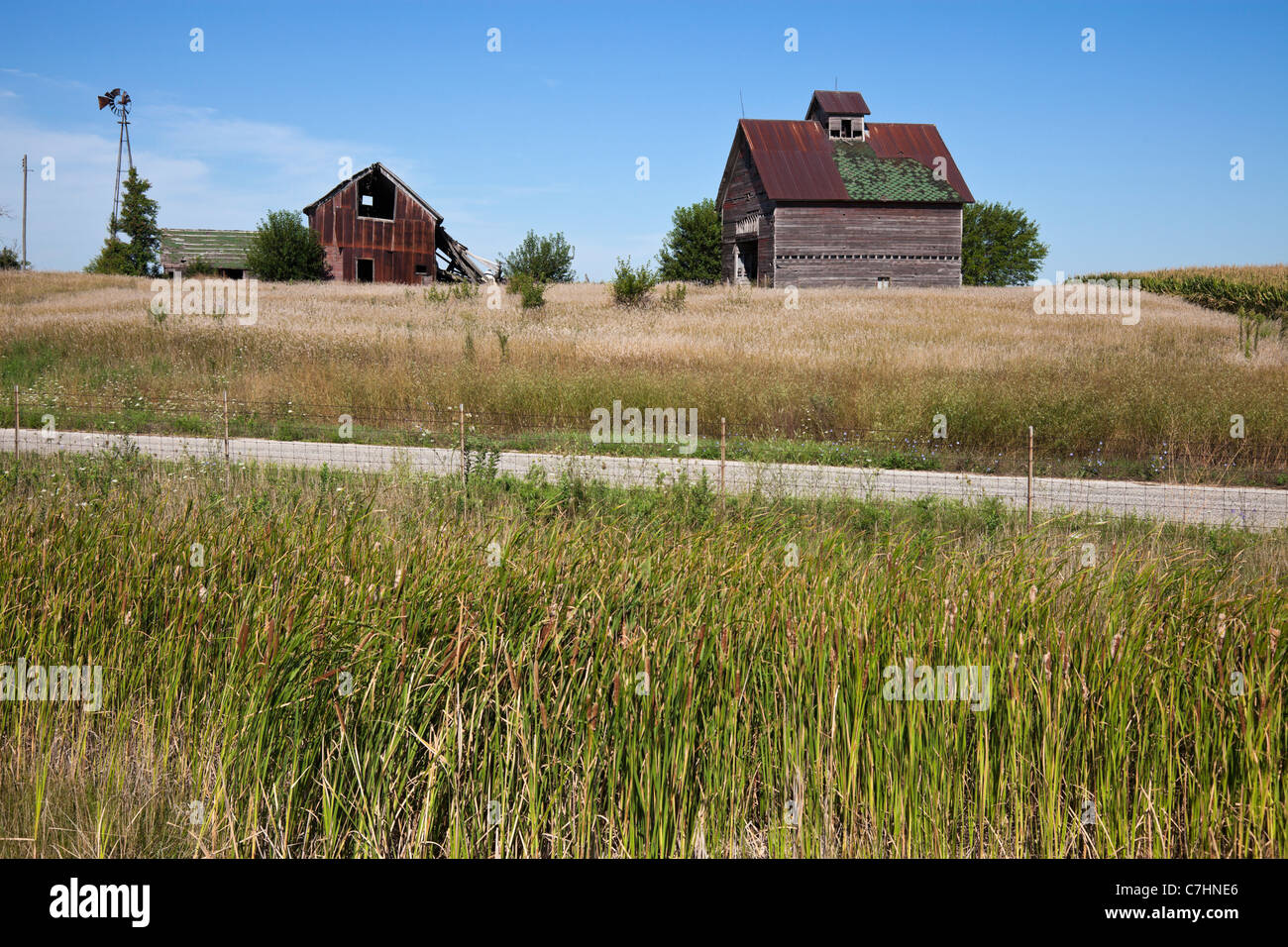 Alte landwirtschaftliche Gebäude mitten im Feld Stockfoto