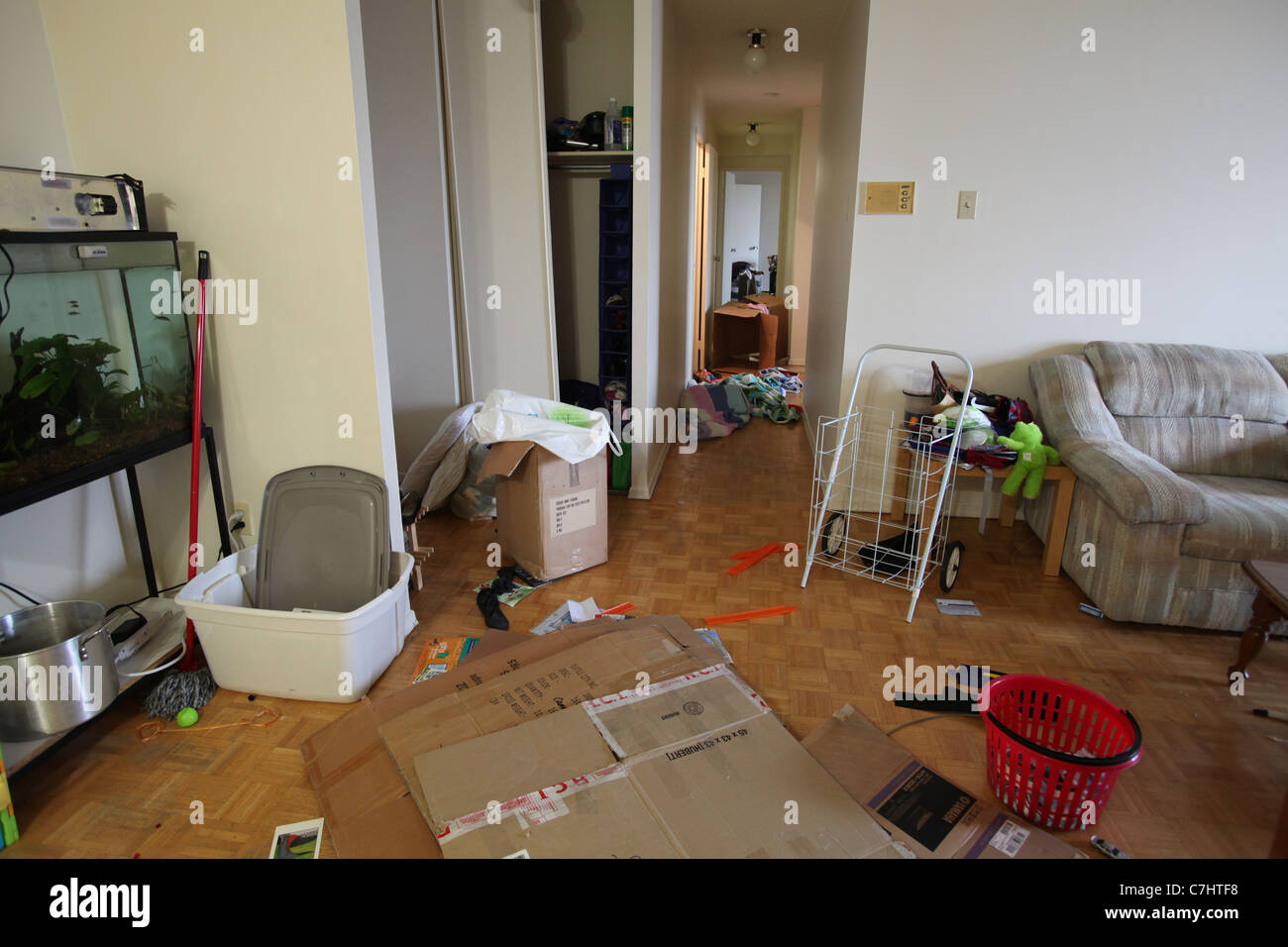 Unordentliche Wohnung Zimmer mit Kartons nach dem Umzug Stockfoto, Bild