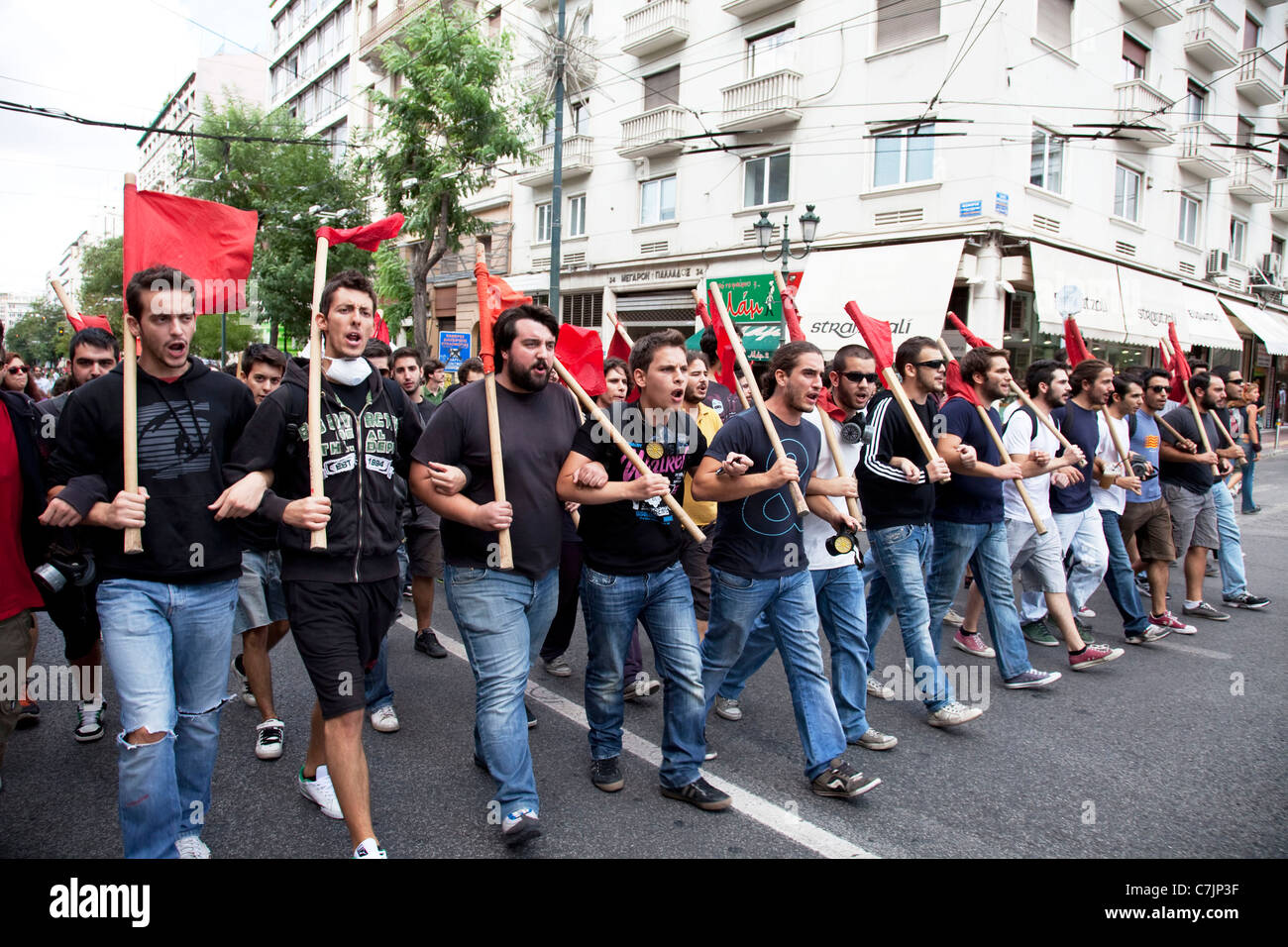 Studenten marschieren in Demonstration gegen Sparmaßnahmen und Reformen im Bildungswesen in Athen geplant. Stockfoto