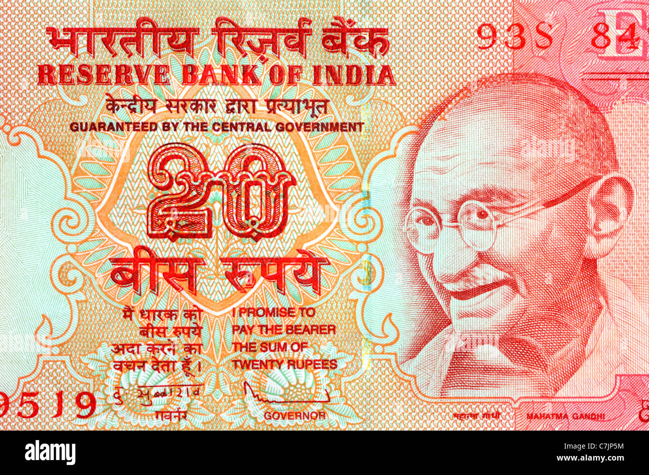 Indien 20 zwanzig Rupie Banknote. Stockfoto