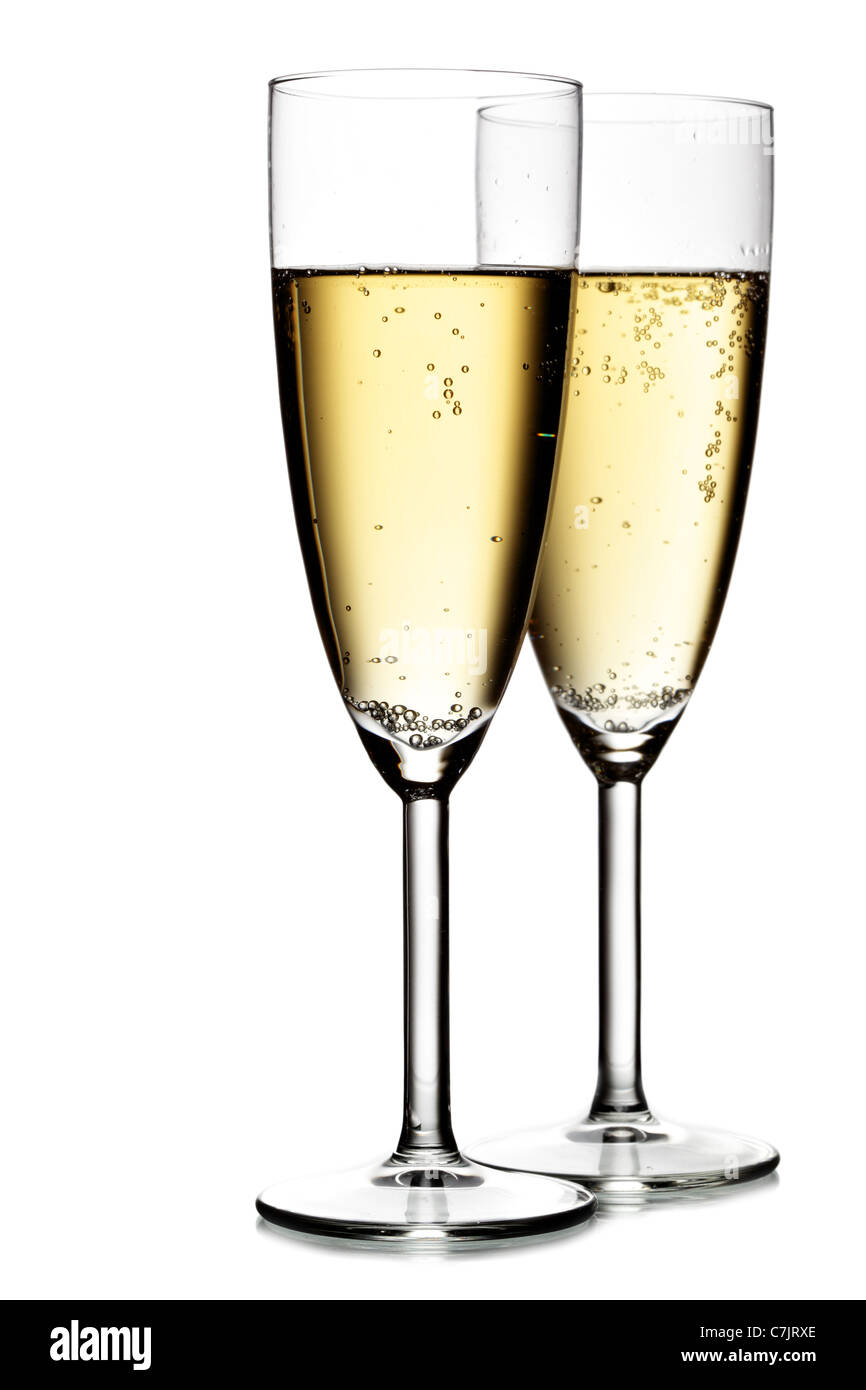 Zwei Gläser Champagner über dem weißen Hintergrund isoliert Stockfoto