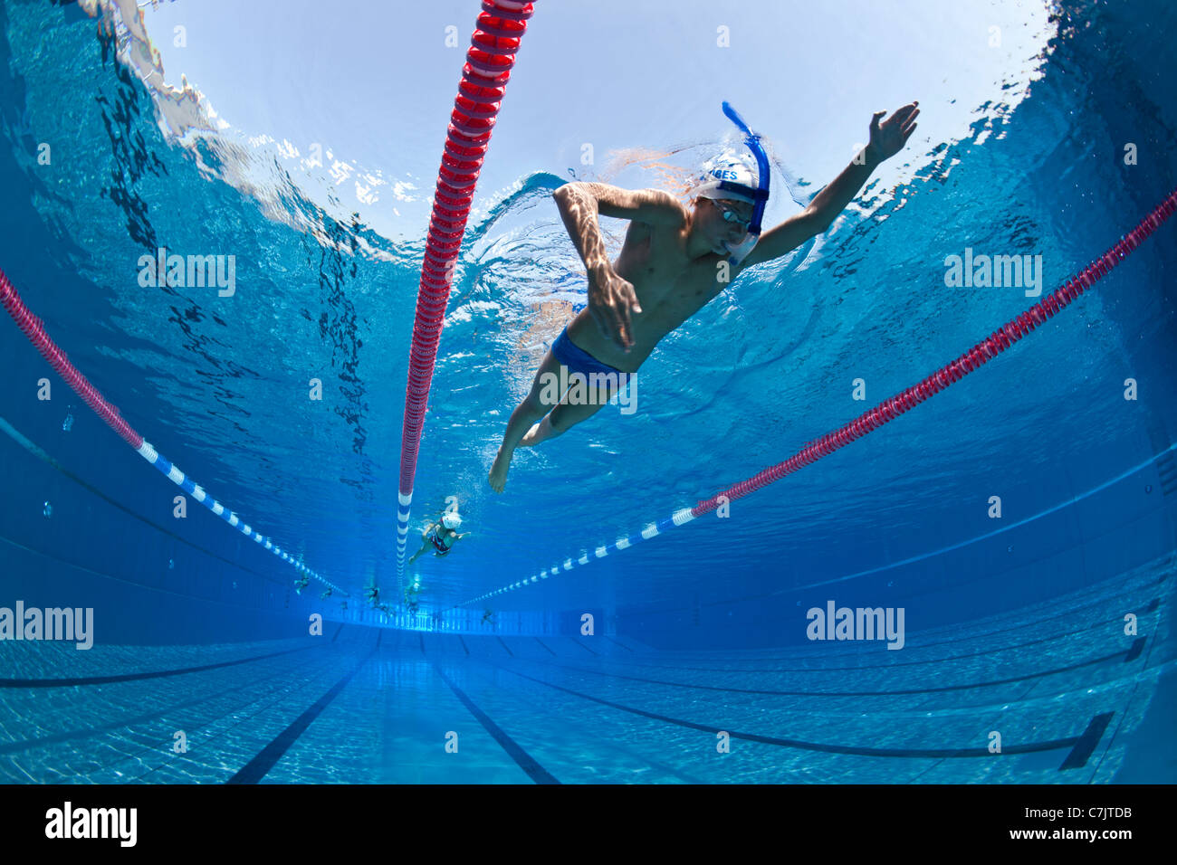 Schwimmer Ausbildung in ein olympisches Freibad (Frankreich). Unterwasser-Blick. Stockfoto