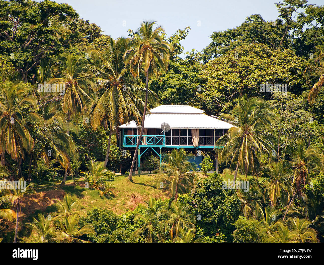 Karibische Stelzenhaus mit Kokosnüssen Bäume im Archipel von Bocas del Toro, Panama Stockfoto