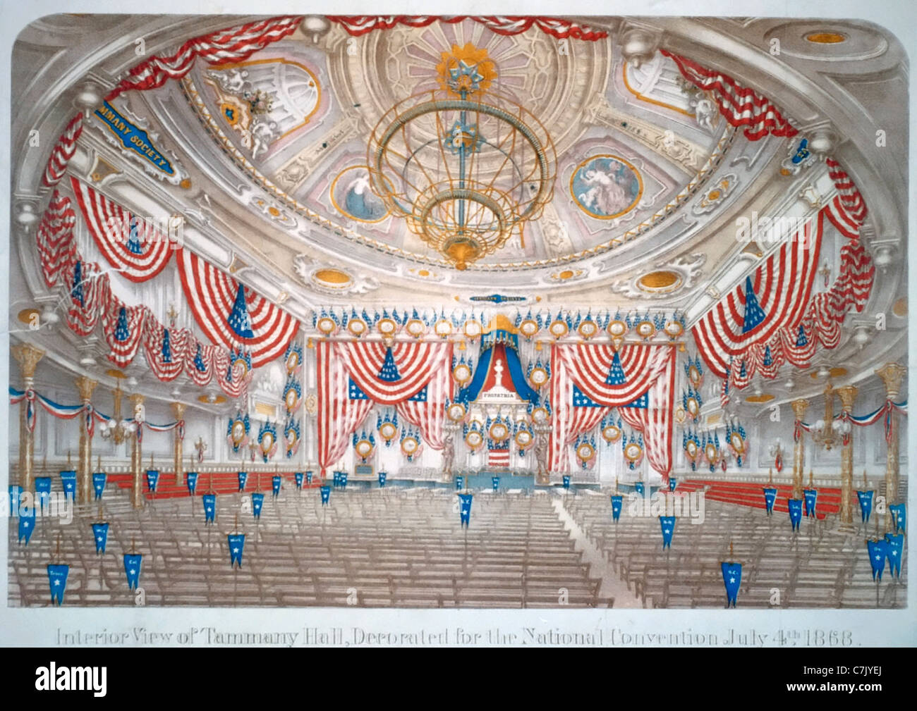 Innenansicht der Tammany Hall, 4. Juli 1868 für die National Convention dekoriert Stockfoto