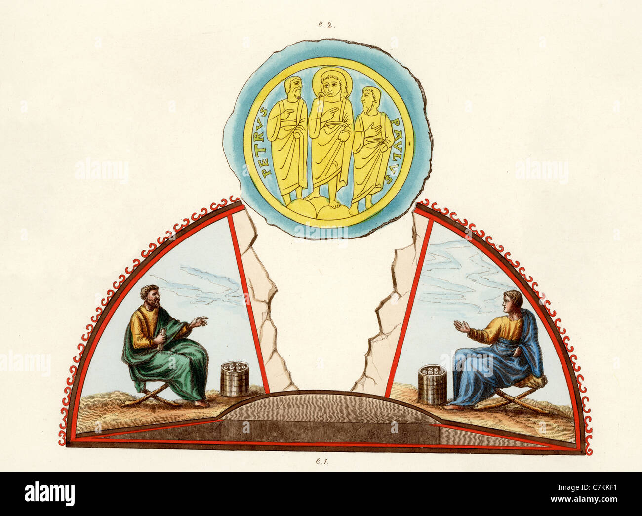Frühe christliche Symbolik. Illustration aus einem Gemälde im Friedhof des Heiligen Nereus und Achilleus zeigt zwei Apostel Stockfoto