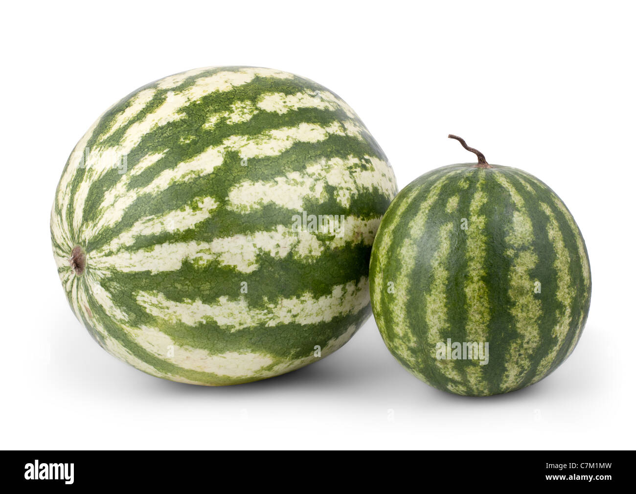 Große und kleine Wassermelone isoliert auf weißem Hintergrund Stockfoto