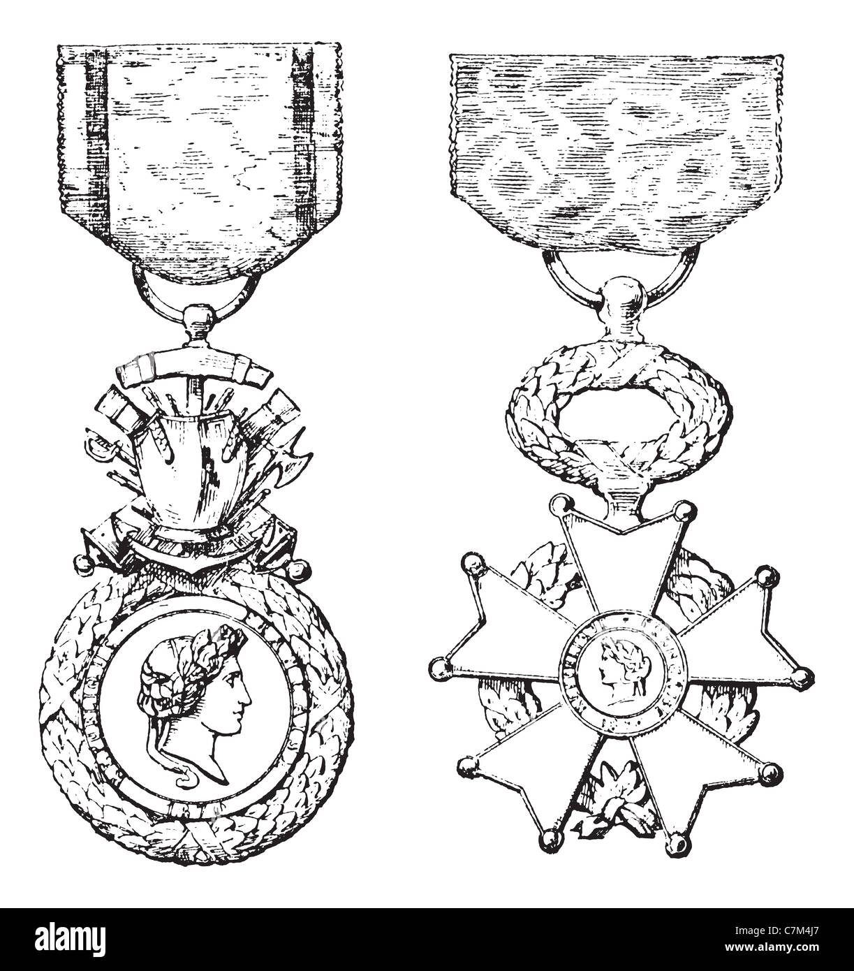 Militärische Medaille, Kreuz der Ehrenlegion, Vintage gravierten Abbildung. Trousset Enzyklopädie (1886-1891). Stockfoto