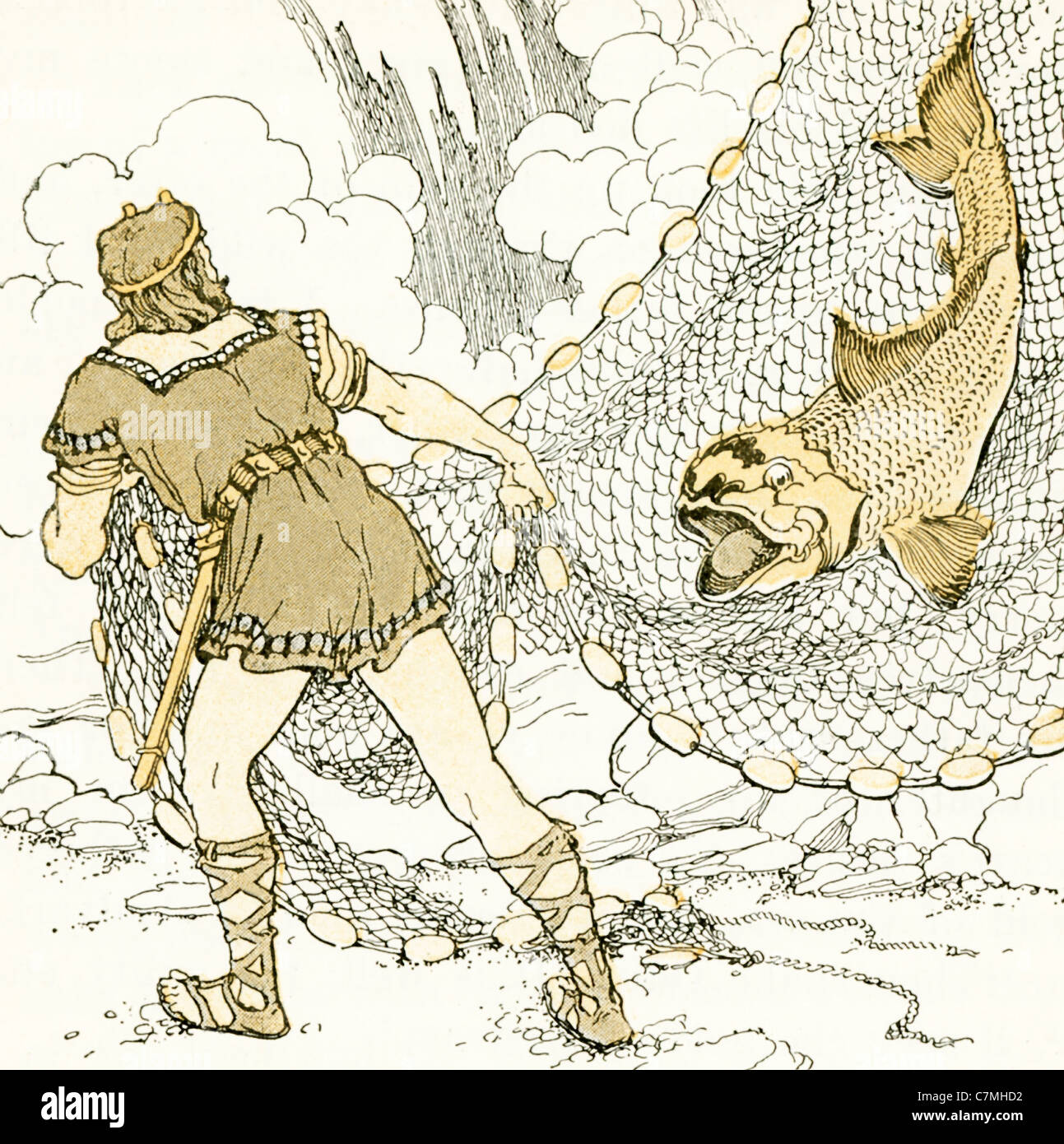 Trickster Gott Loki fängt Andvari, nachdem er sich in einen Hecht verwandelt hat. Loki zwingt Andvari, Gold und Ring aufzugeben. Stockfoto