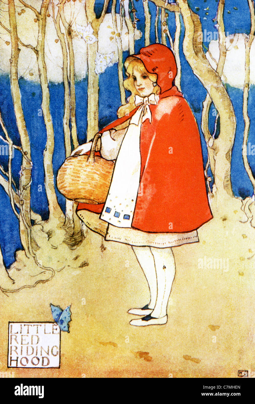Little Red Riding Hood ist eine alte französische Märchen über ein junges Mädchen, hier abgebildet auf dem Weg zum Haus ihrer Großmutter. Stockfoto