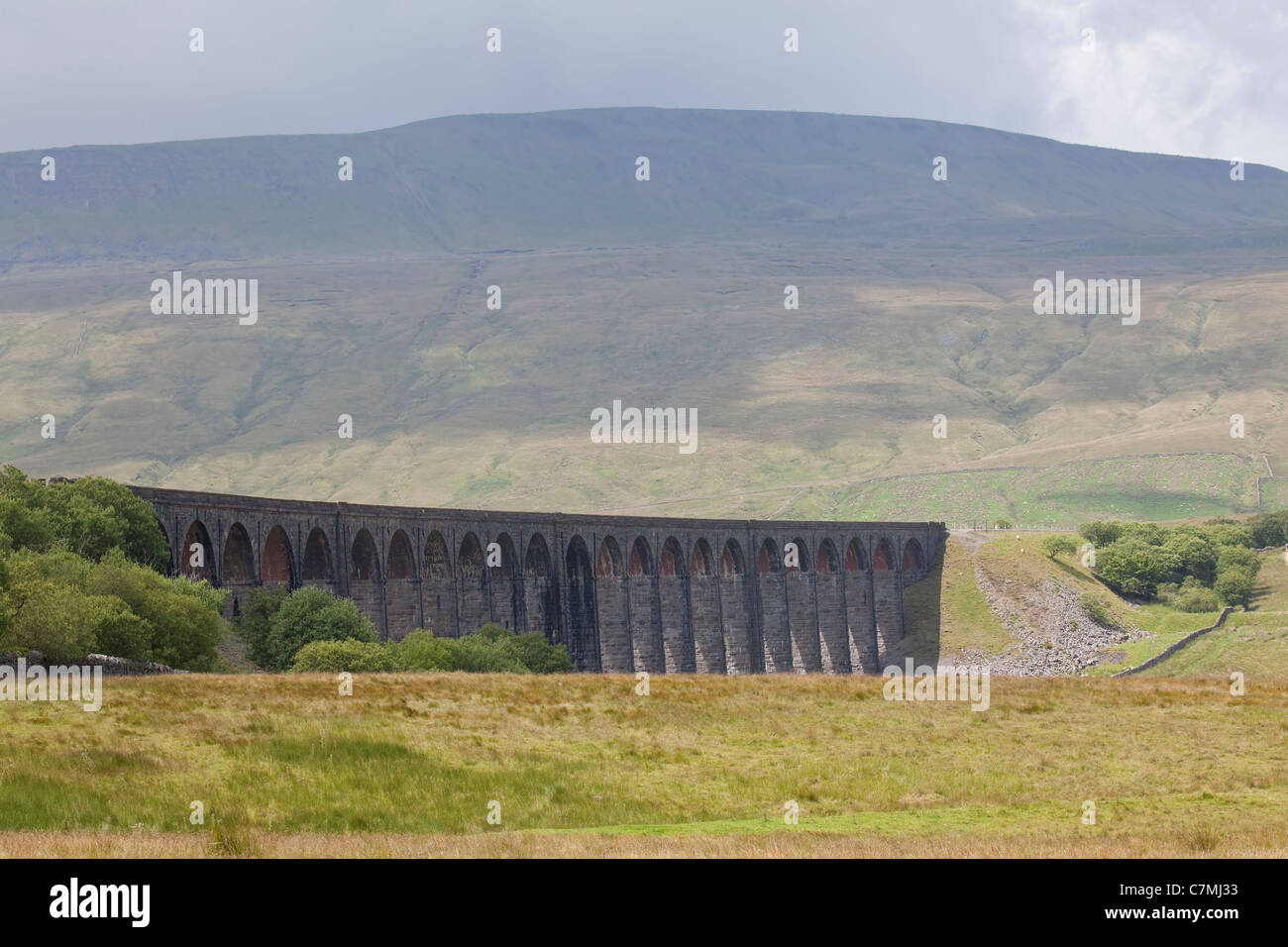 Ribblehead-Viadukt in North Yorkshire gesehen aus dem Osten zeigt die 24 Bögen, die die Eisenbahn von Settle nach Carlisle zu tragen Stockfoto