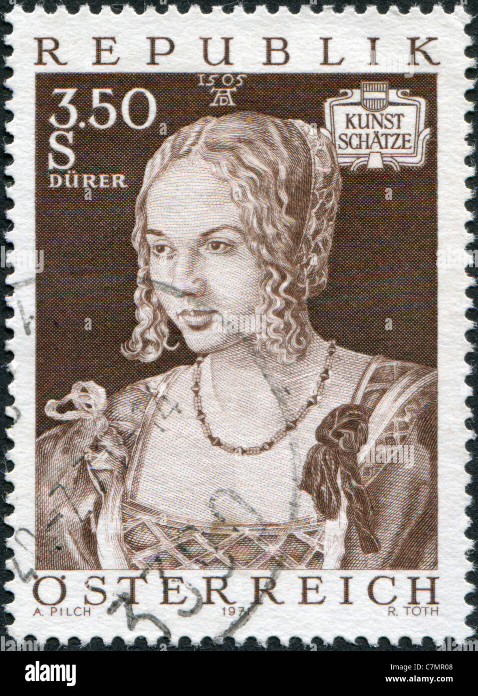 Österreich - 1971: Eine Briefmarke gedruckt in Österreich, zeigt Porträt des "Jungen venezianischen" von Albrecht Dürer Stockfoto