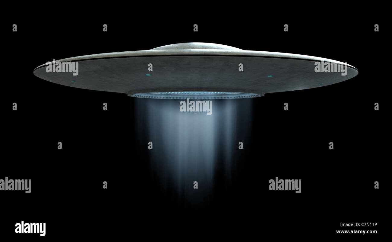 3D Render fliegenden Untertasse ufo über schwarzen Hintergrund Stockfoto