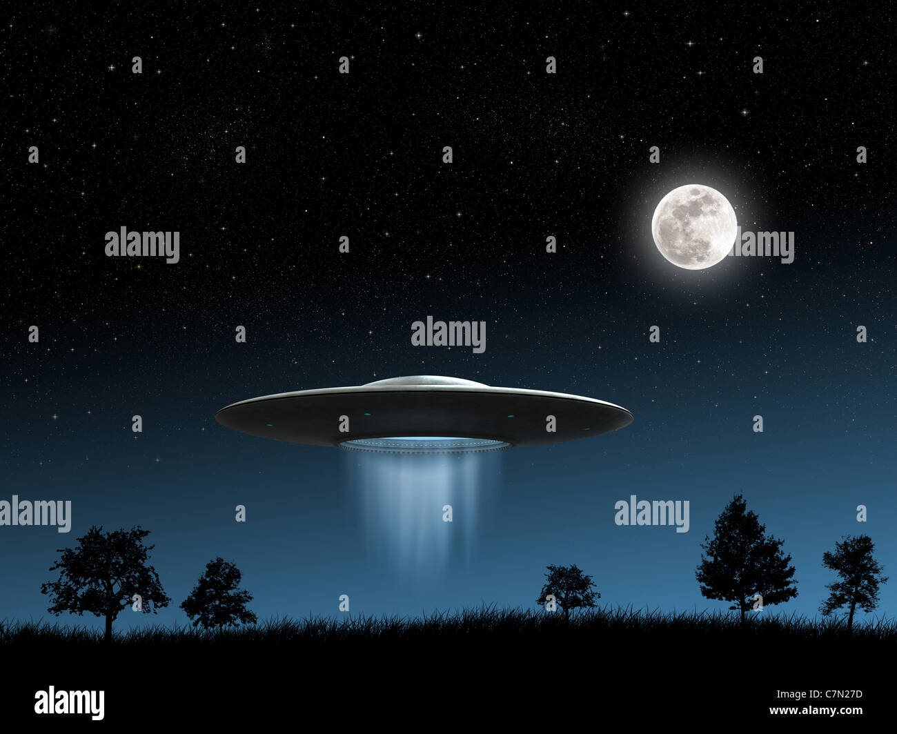 3D Render von fliegenden Untertassen ufo auf Nacht-Hintergrund Stockfoto