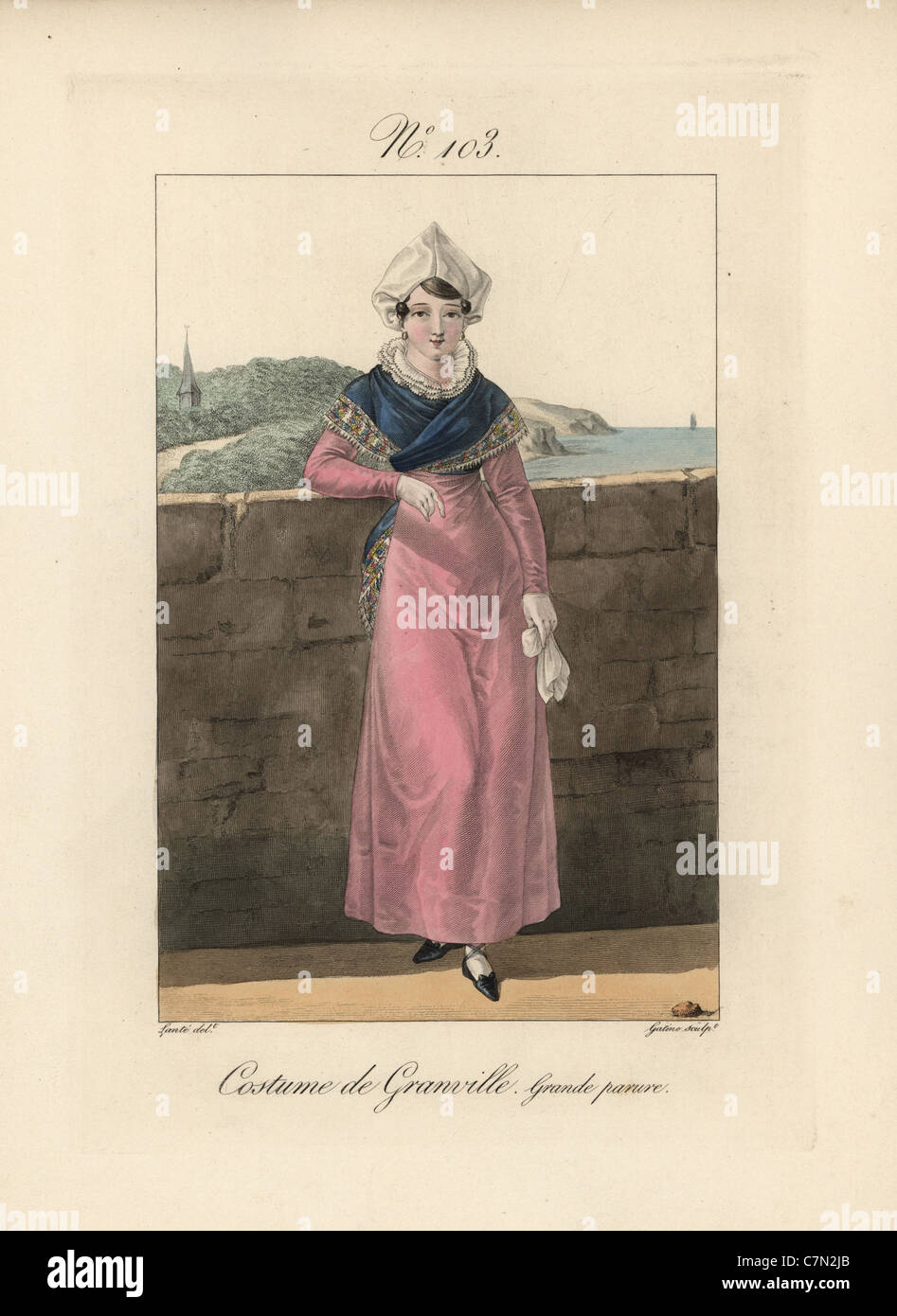 Kostüm von Granville. Eine Frau in ihrer Pracht. Dieser Kopfschmuck nennt man die "Conine." Stockfoto