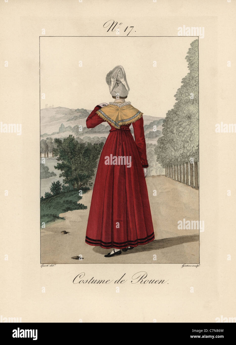 Frau von Rouen trägt eine elegante Bavolet mit zerkleinerten asymmetrischen Basis. Stockfoto