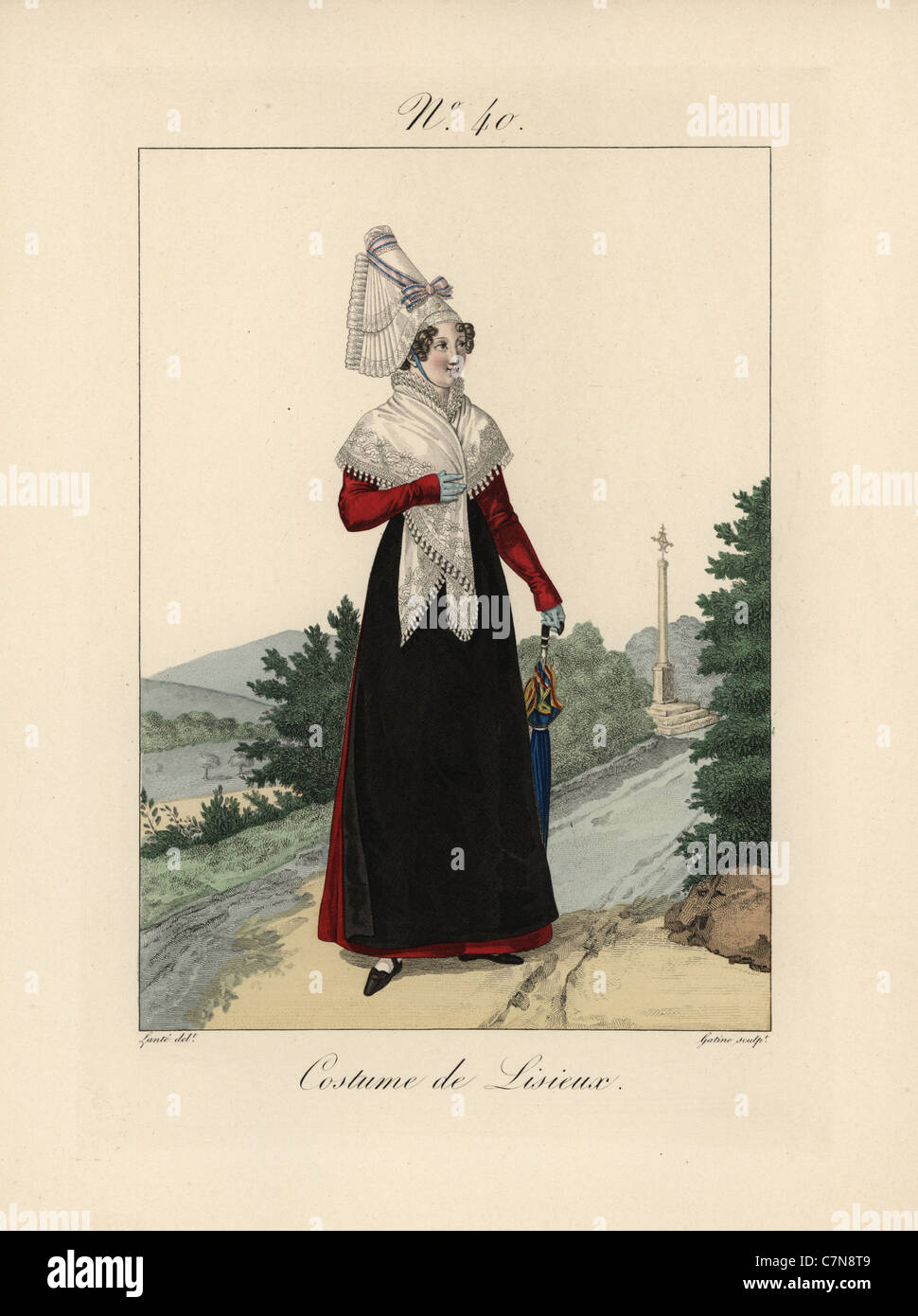 Frau im Kostüm von Lisieux. Sie trägt ein rosa und blauen Band an ihrem Bavolet Motorhaube gebunden. Stockfoto