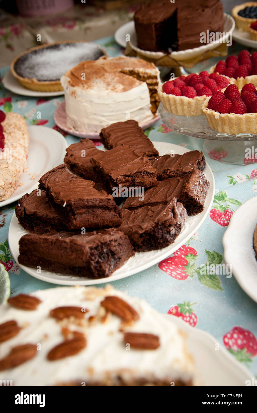 Ein Stall Verkauf einheimischer hausgemachte Schokolade Kuchen in Aberystwyth Food Fair, September 2011, Wales UK Stockfoto