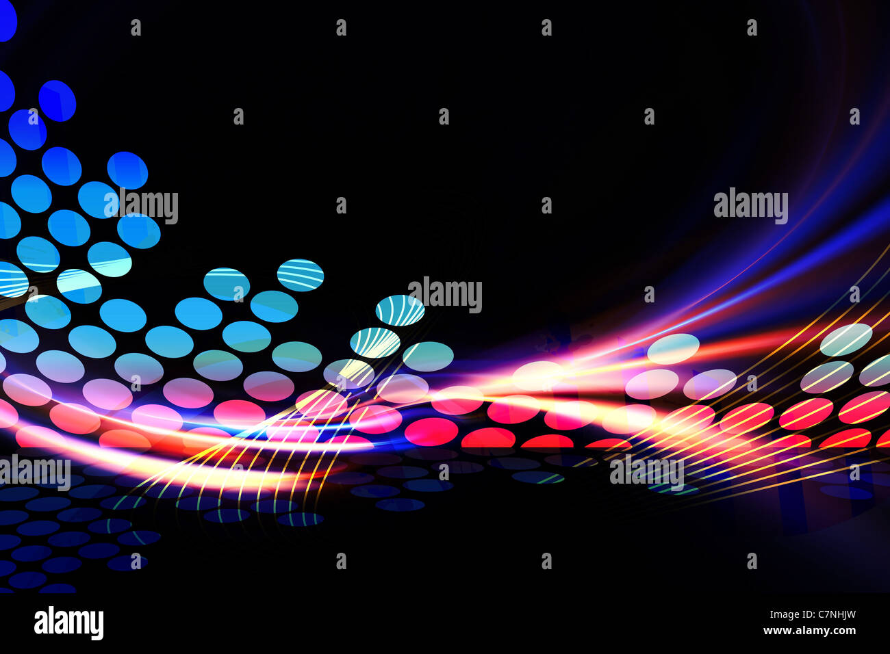 Eine leuchtende digitale Audio-Grafikequalizer Illustration mit Regenbogen Fraktale Kunst Akzente. Stockfoto