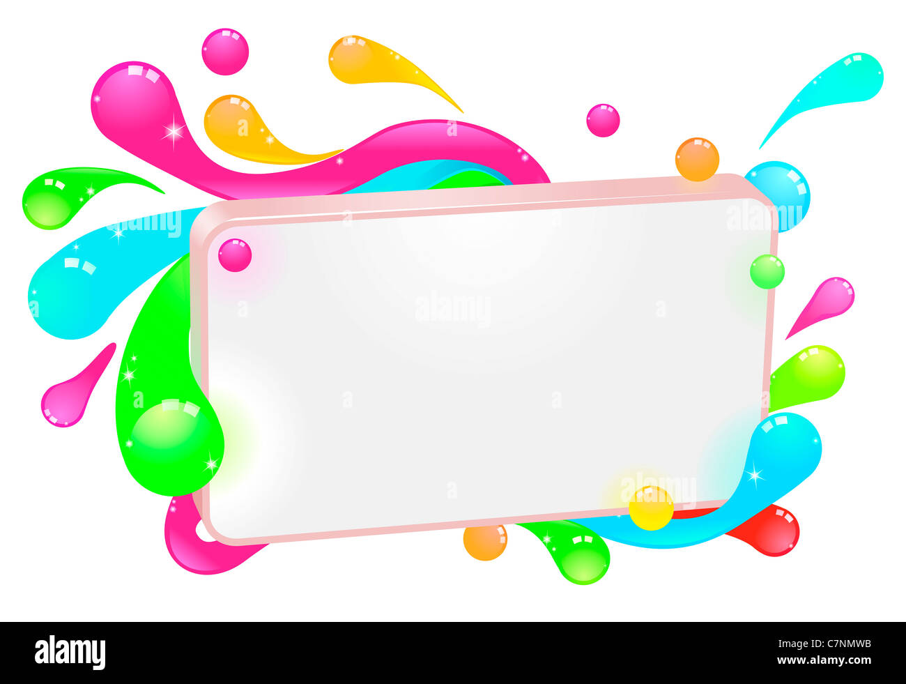 Ein moderneren funkigen bunten Zeichen mit Strudeln und Tröpfchen runden den Rahmen. Stockfoto