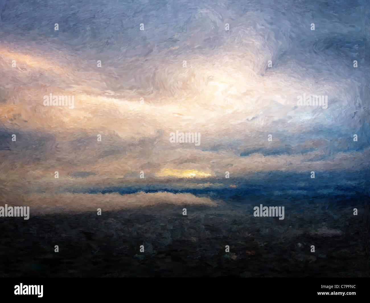 Impressionistische Malerei einer bewölkten Dawn-Landschaft Stockfoto