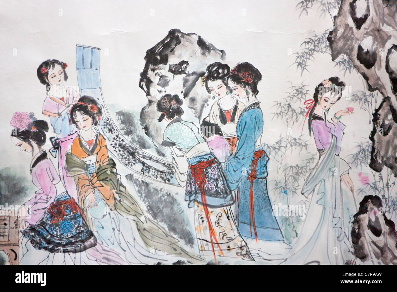 Historische Gemälde von Mädchen spielen "Go" Schachspiel, China Stockfoto