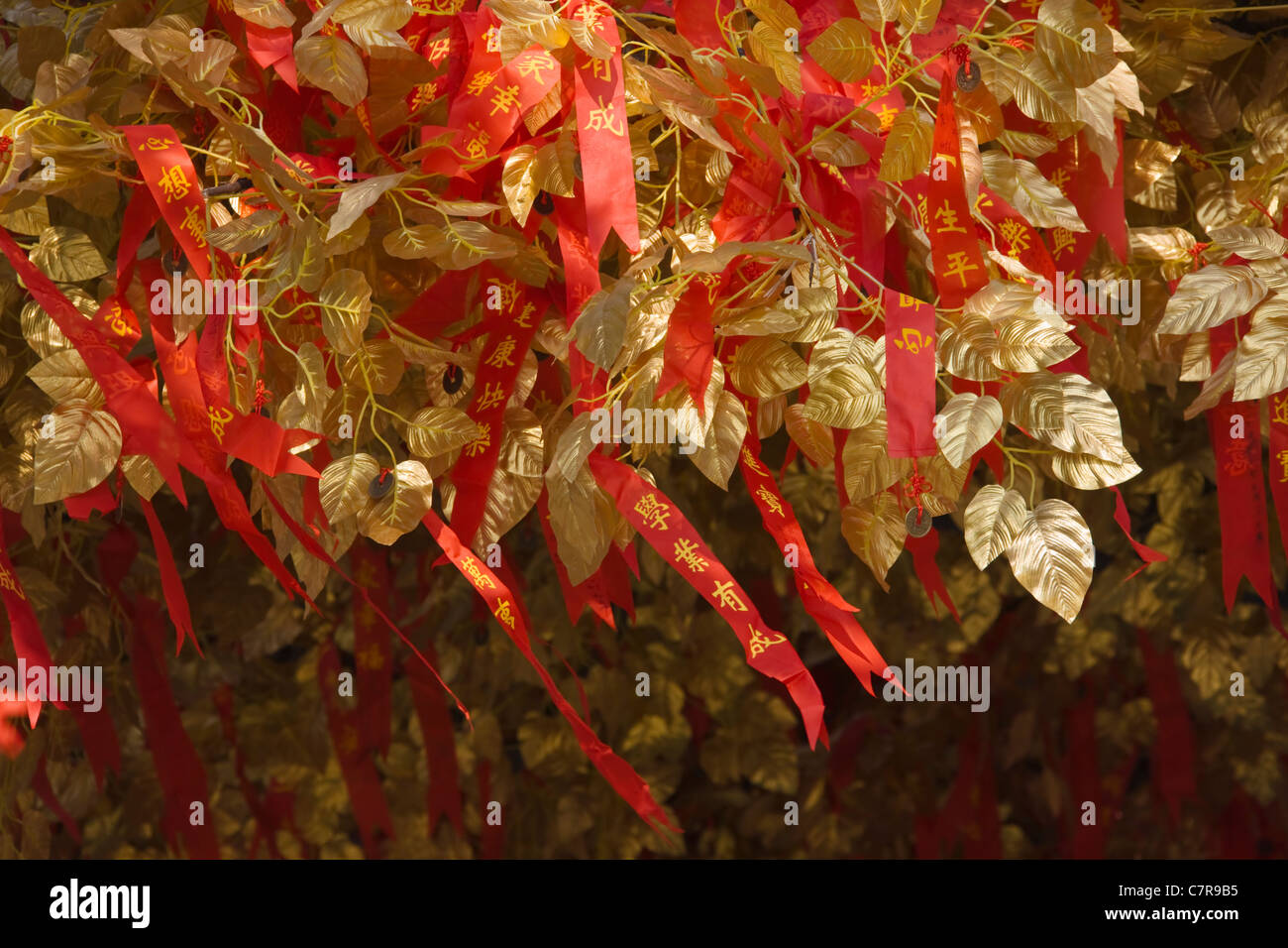 Gute Wünsche-Baum dekoriert mit roten Bändern und goldene Blätter, Nanjing, Provinz Jiangsu, China Stockfoto