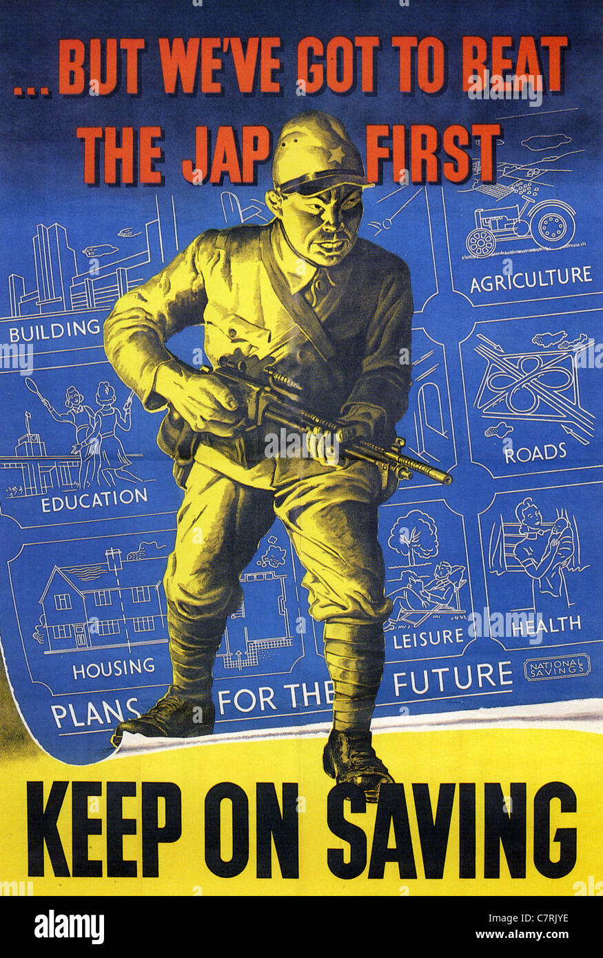 KEEP ON speichern One aus einer Reihe von britischen WW2 Poster betont werden, dass der Krieg noch nicht beendet wurde und Geld war noch nötig Stockfoto