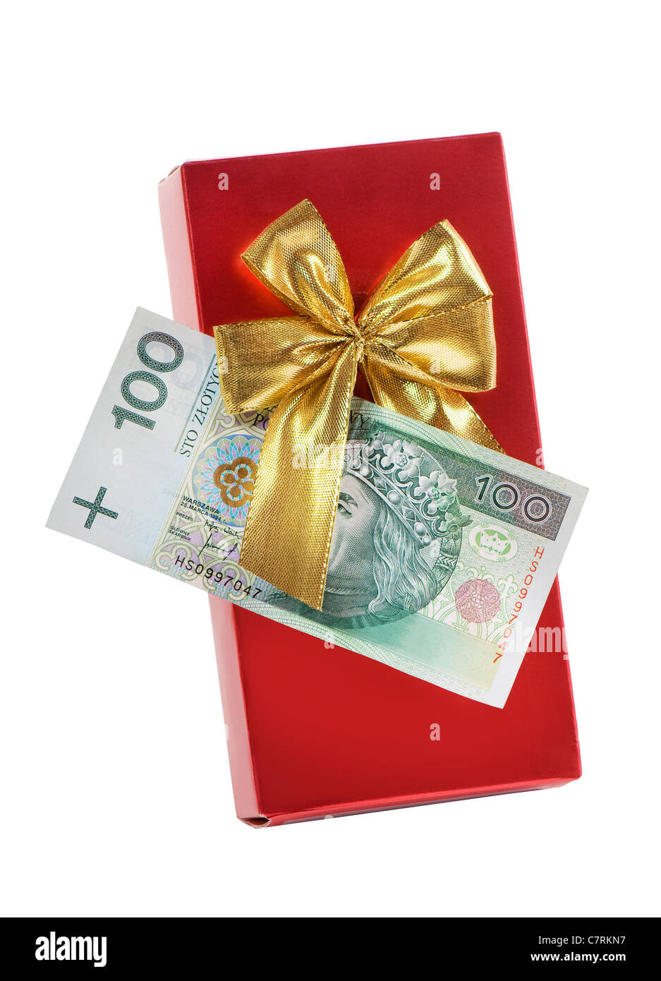 Banknote auf roten Geschenk-Box mit goldenen Band Stockfoto