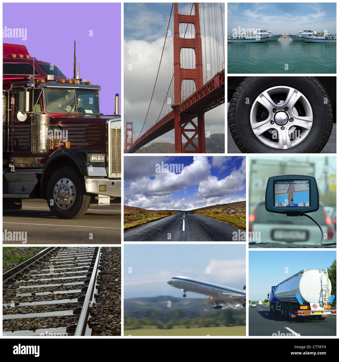 Transport unter dem Motto Collage oder Sammlung mit verschiedenen Arten von Transport: LKW, Flugzeug, Auto, Boot, Zug. Stockfoto