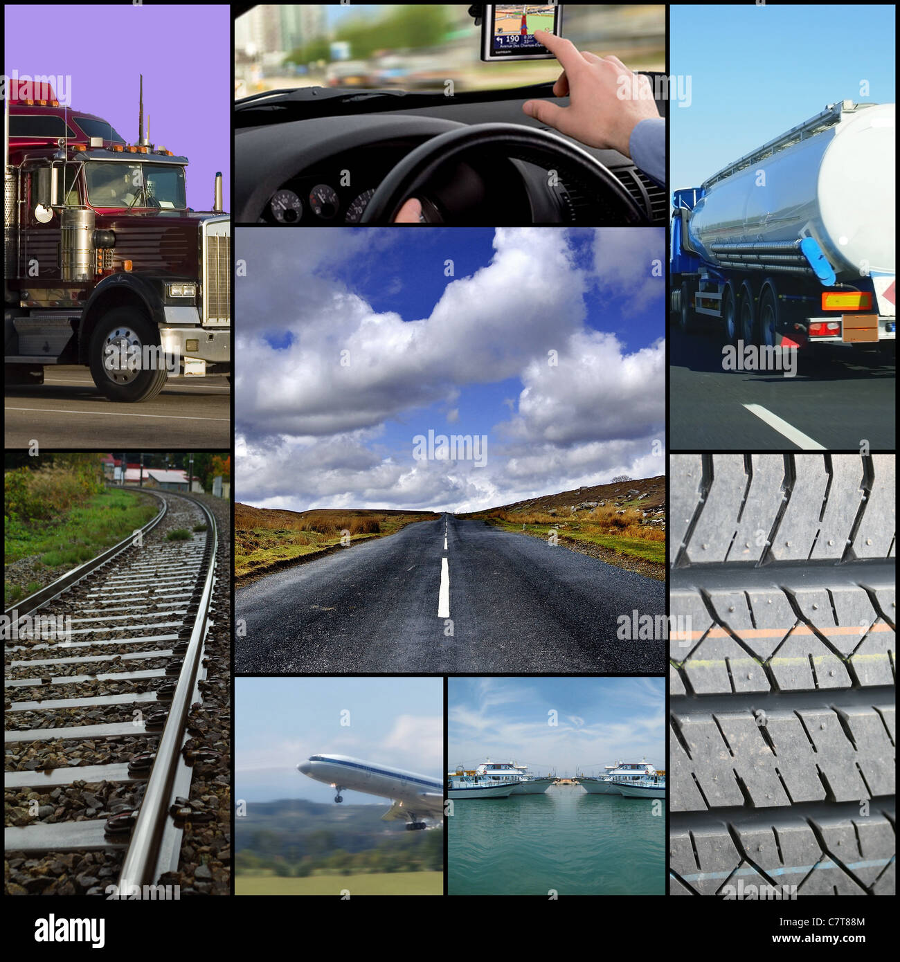 Transport unter dem Motto Collage oder Sammlung mit verschiedenen Arten von Transport: LKW, Flugzeug, Auto, Boot, Zug. Stockfoto