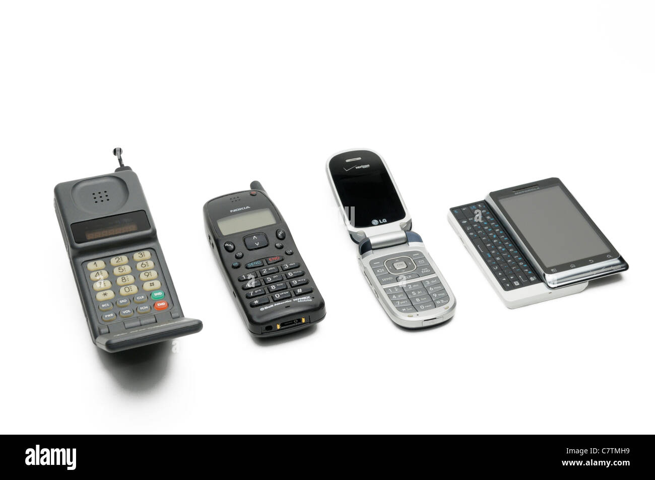 Handy/Telefon Evolution.  Vier Generationen von Handys immer kleiner und funktioneller Stockfoto