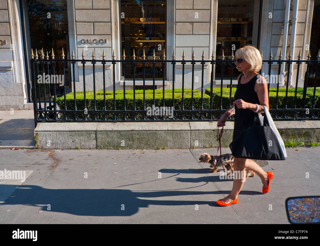 Paris, Frankreich, Woman Walking Dog, vor dem Luxus-Bekleidungsgeschäft, Gucci, Shopping auf der High Street, Avenue Montaigne, Pariser Straßenmenschen, authentischer französischer Lifestyle, Straßenmode Schuhe sonnig Stockfoto