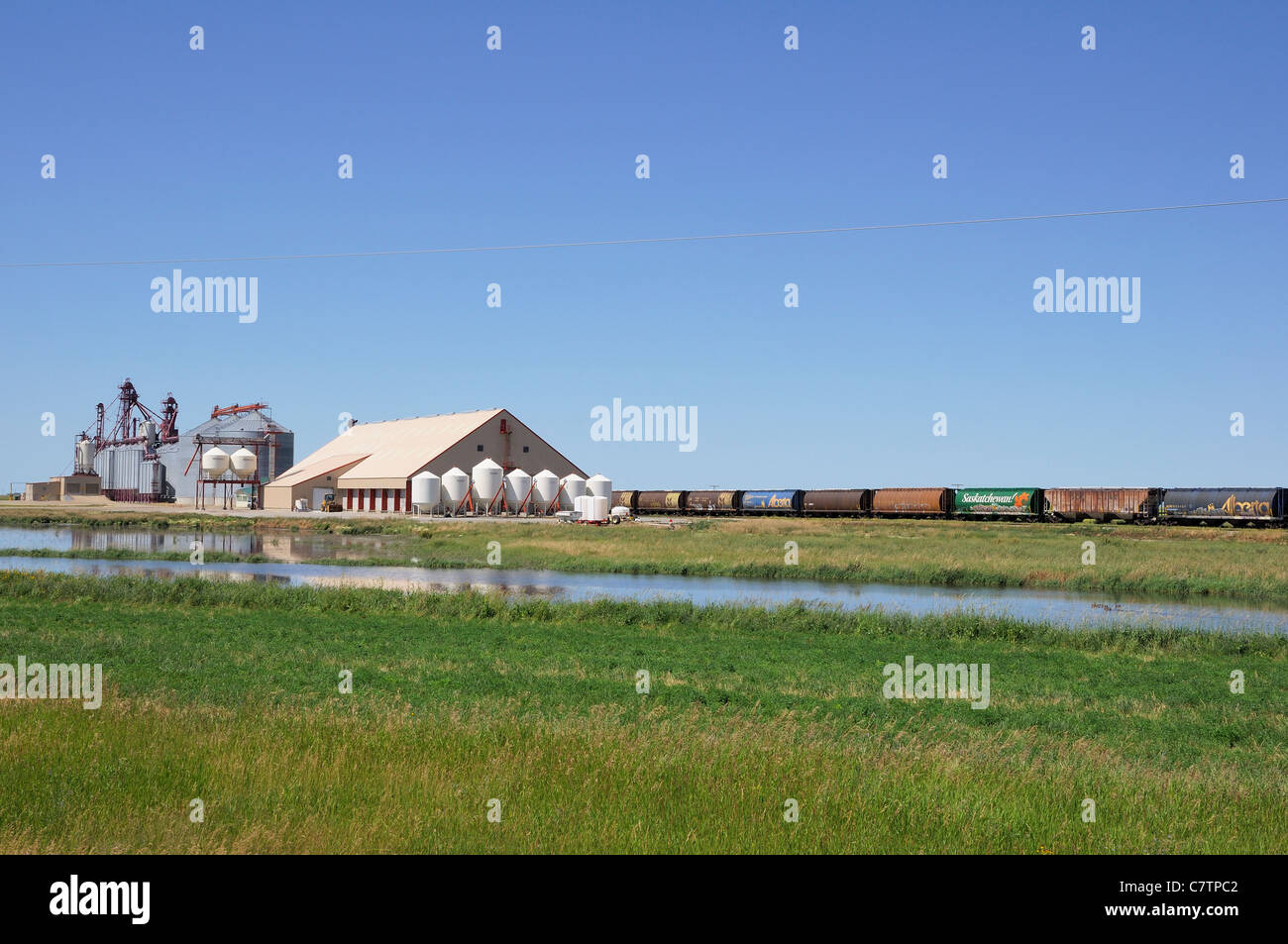 Landschaft der kanadischen Prärien Nordamerikas mit einem Zug, Saskatchewan, Kanada. Stockfoto