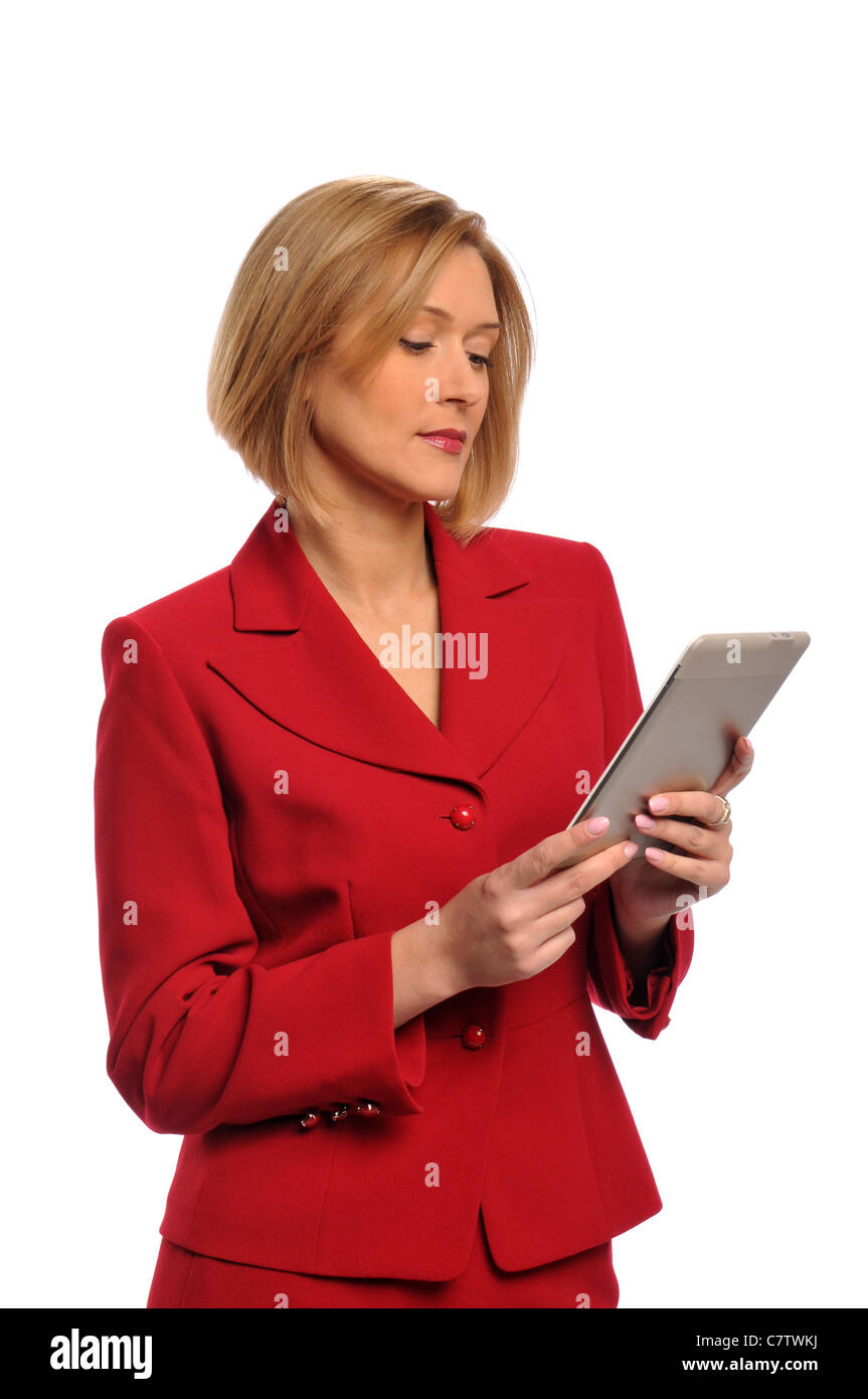 Geschäftsfrau hält ein e-Book über einen weißen Hintergrund isoliert Stockfoto
