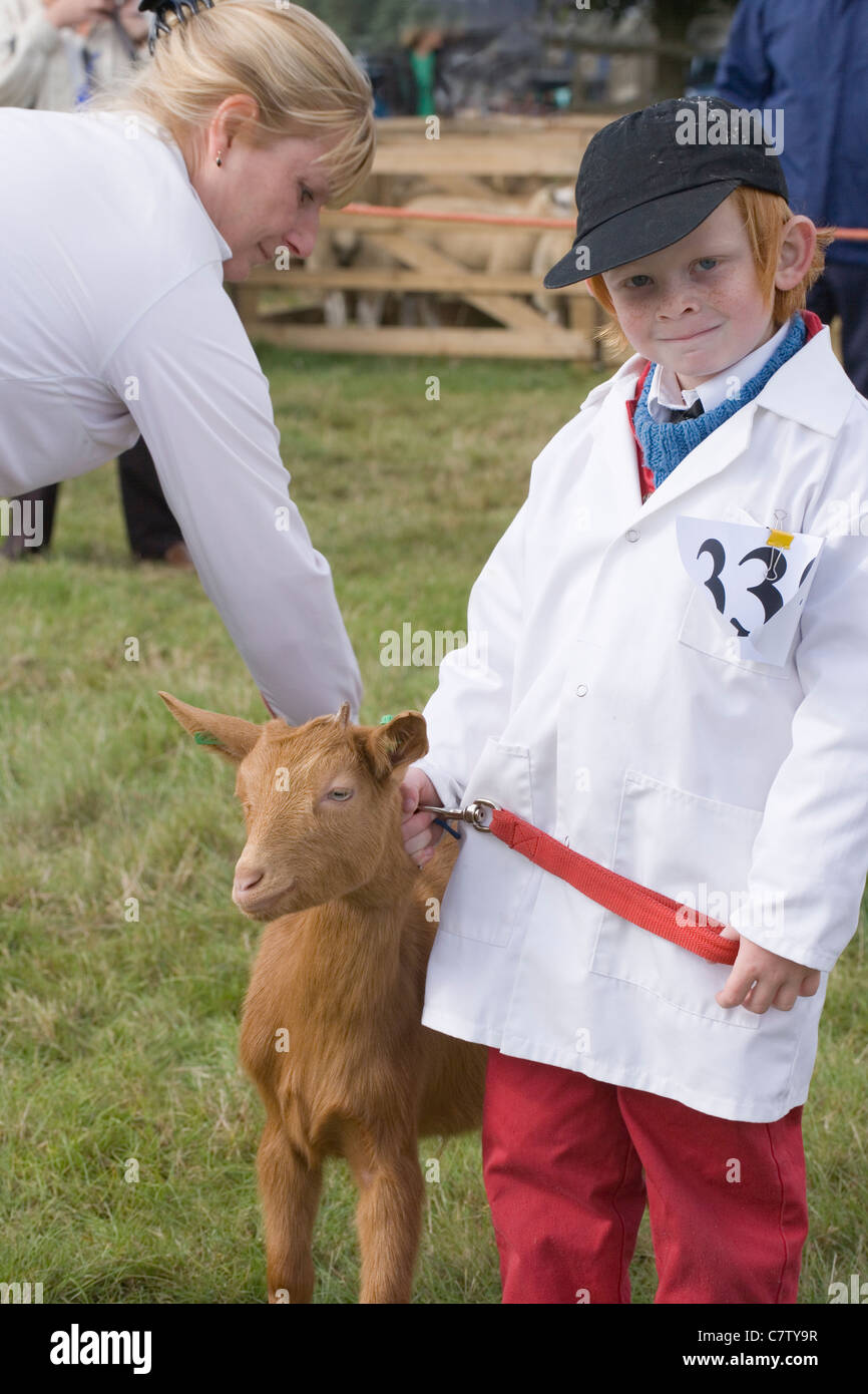 Richter und junge Handler mit einem goldenen Guernsey-Kind. Aylsham Landwirtschaftsausstellung, Norfolk. Stockfoto